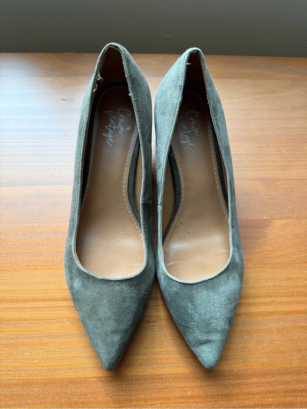 Crown Olive Green Suede Pointed Toe Pumps
